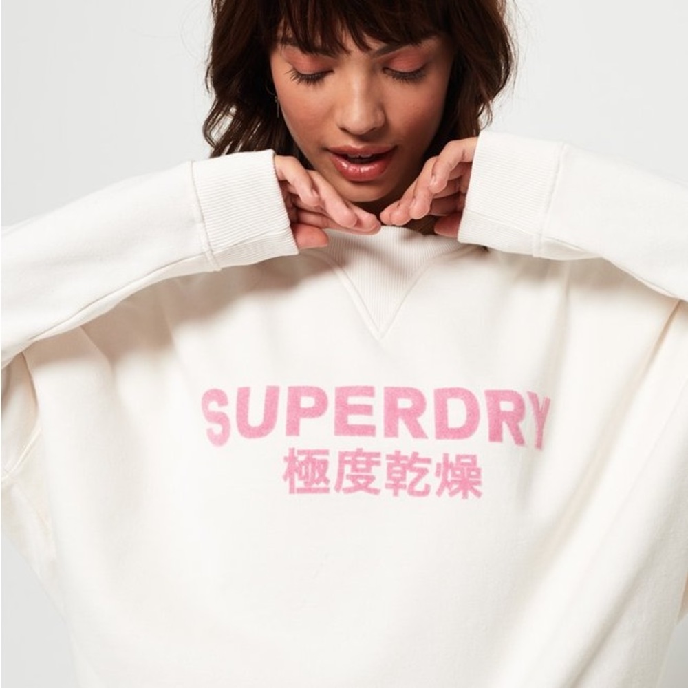 Superdry Women's Cream Sweatshirt with Pink Logo